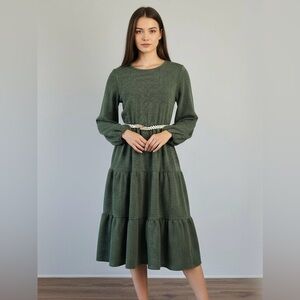 Woven Tiered Long Sleeve Midi Dress in Olive Green